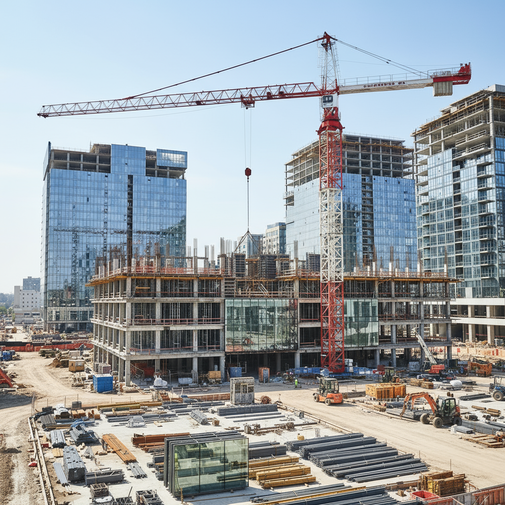 an elegant, clean, and visually appealing construction crane at a modern building site, with a clear blue sky, high-end commercial look, and professional composition, no workers