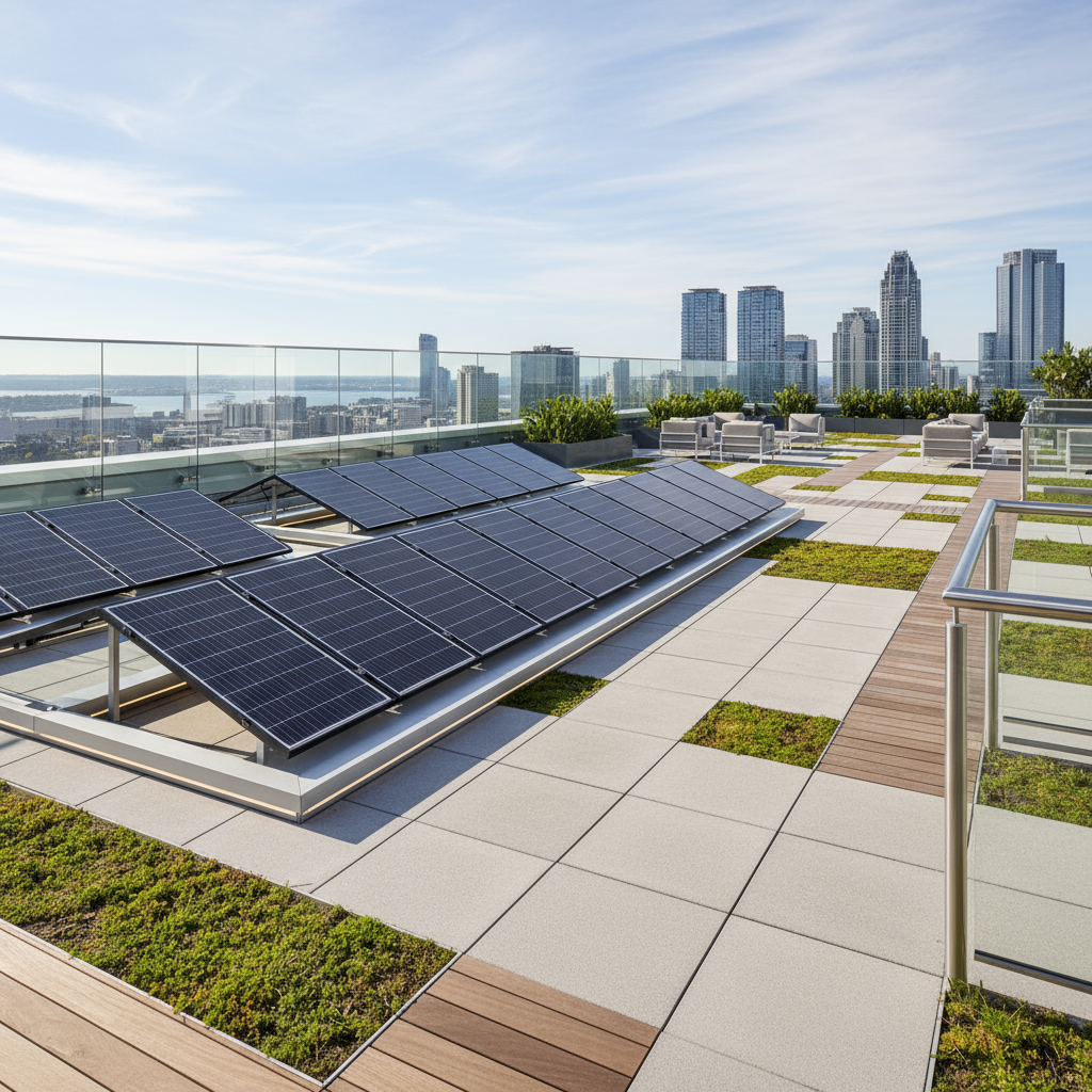 elegant, modern solar panels on the rooftop terrace of a contemporary building, commercial style, clean and professional, with a clear view of both the terrace and the solar panels, realistic daylight lighting, visually appealing composition