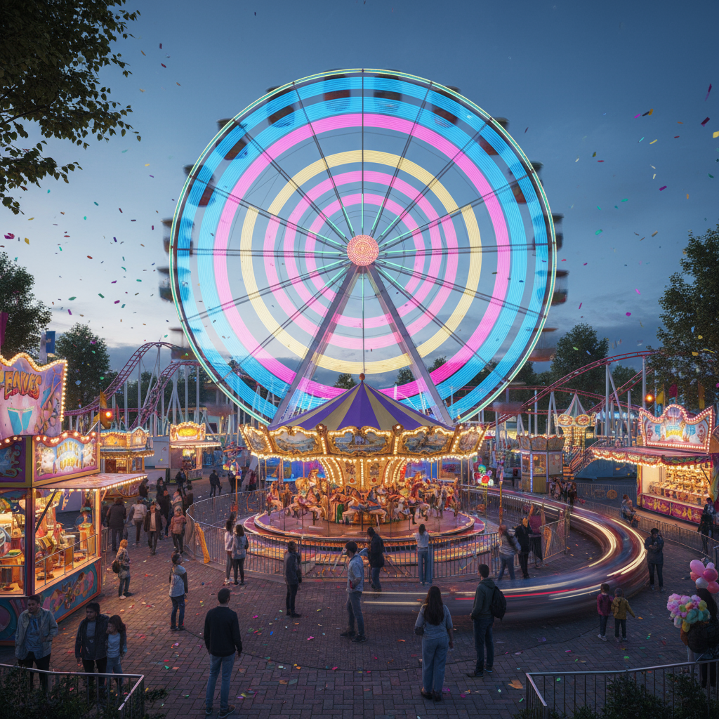 hermoso parque de diversiones con una noria grande, colores vibrantes, ambiente alegre, estilo fotográfico profesional, enfoque en la noria