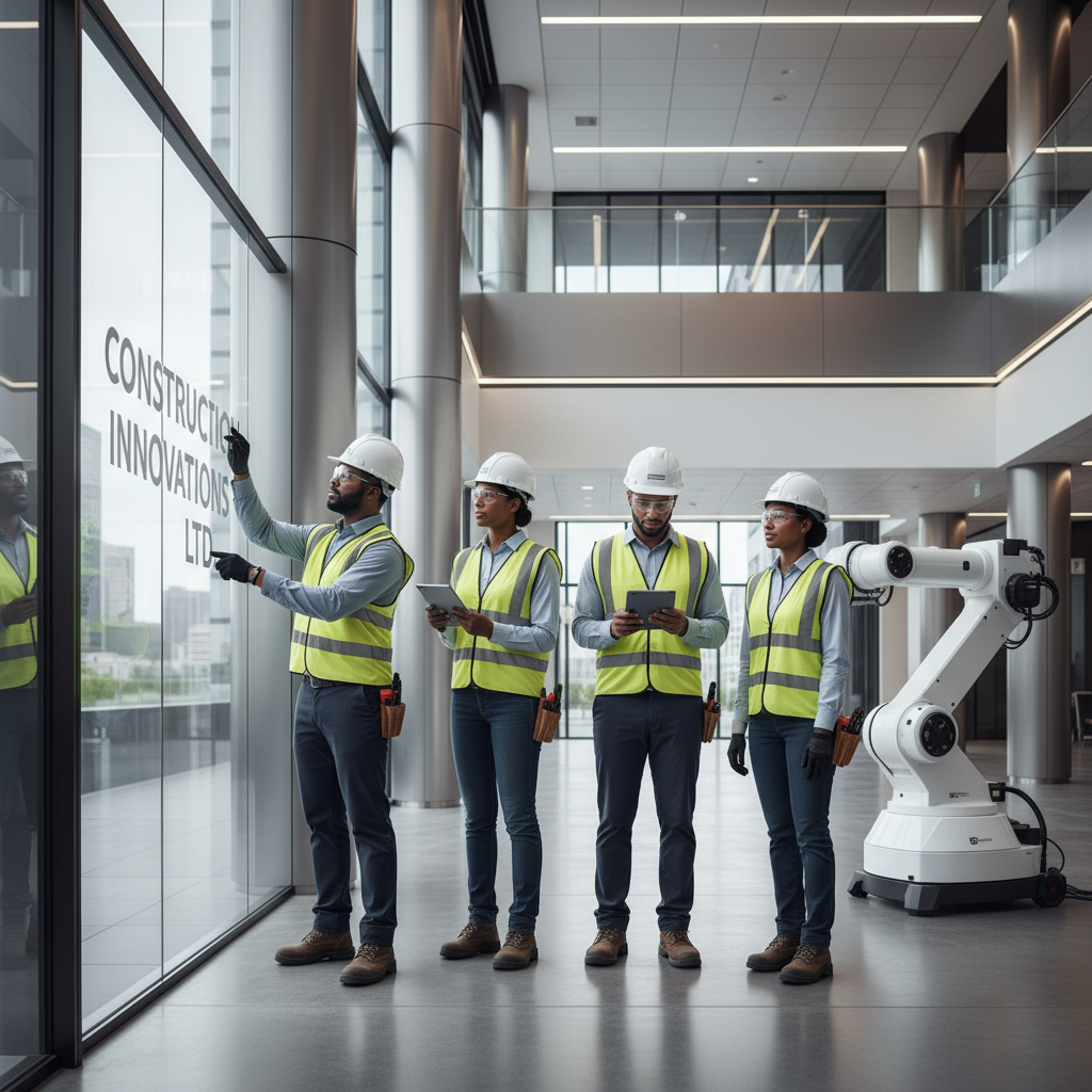 Obreros de construcción trabajando en un entorno limpio, profesional y comercial, enfocado en mostrar a los trabajadores de forma clara, vestimenta de seguridad, fondo moderno y aspecto empresarial.