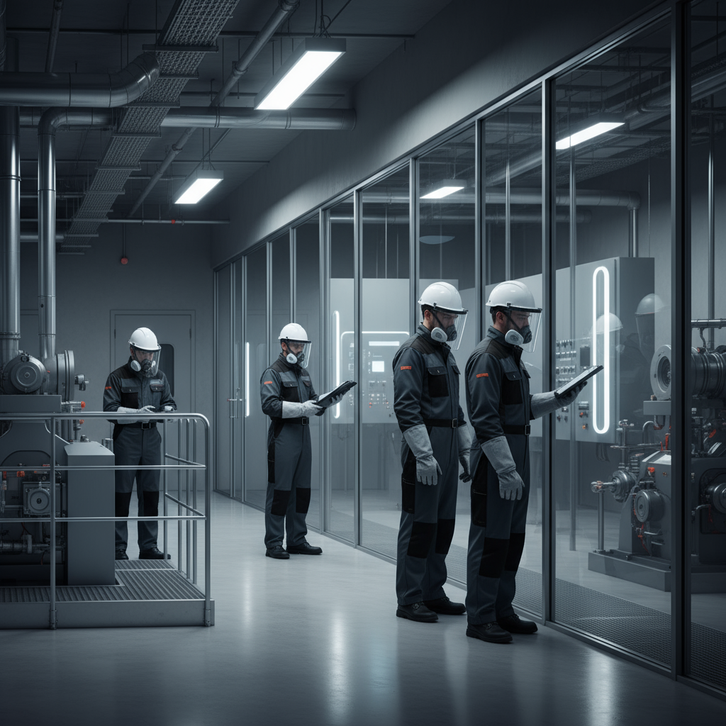 Personal de mantenimiento industrial usando equipo de protección completo en un entorno industrial elegante, sofisticado, minimalista y contemporáneo. Imagen realista, profesional, colores sobrios, sin elementos fantasiosos.