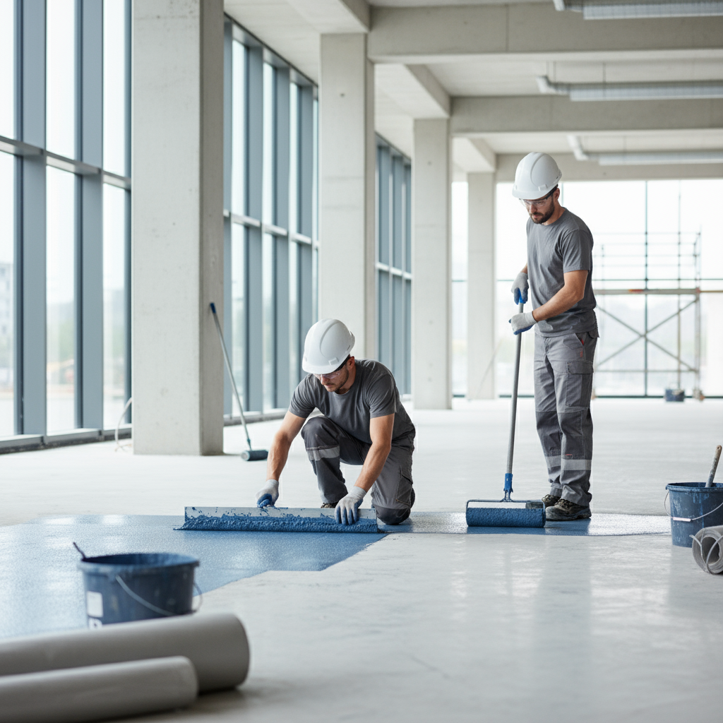 trabajadores aplicando impermeabilizante a un piso, imagen profesional, ambiente de construcción moderno, buena iluminación, enfoque en la actividad, estilo limpio y comercial
