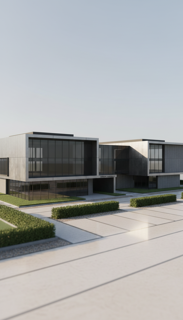 An architectural model-like rendering of a modern corporate headquarters for a construction firm, featuring crisp geometric forms, steel accents, subtle concrete textures, and wide glass panels. The structure sits within a minimalist landscape of neatly trimmed hedges and stone walkways. Diffused natural daylight bathes the scene, highlighting the building's clean lines and casting gentle, elongated shadows across a smooth plaza. Composed from a slightly elevated, centered perspective, emphasizing balanced proportions and spaciousness. The mood is professional and forward-thinking, captured in a photographic realism style that complements a business web design aesthetic focused on clarity, order, and sophistication.