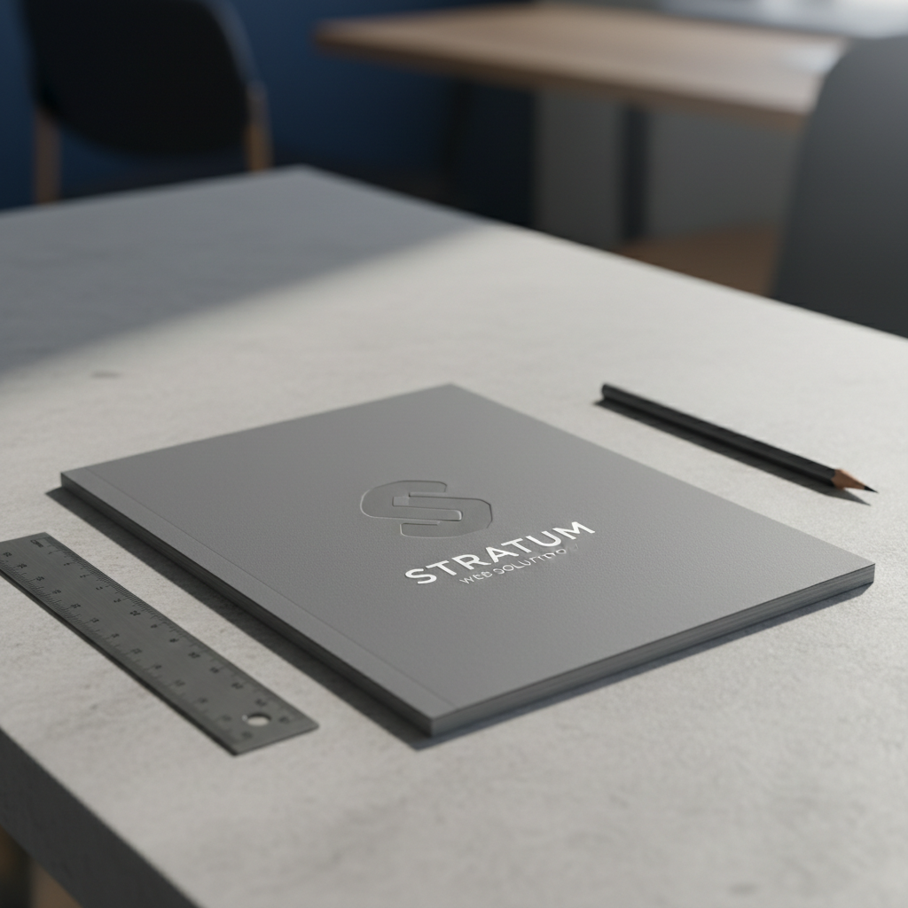 A close-up capture of a contemporary service brochure featuring embossed logos, matte laminated paper, and clean sans-serif typography, set on a smooth, lightly textured stone surface. The brochure is flanked by architectural drafting tools—steel ruler and mechanical pencil—with a background softly blurred into understated corporate tones. Indirect daylight filters in from the side, creating subtle highlights across the embossed logo and gentle shadows beneath the stationery. Shot at a shallow angle with sharp focus on the tactile details, the image conveys a sense of precision, attention to quality, and structured clarity, all in a clean, photographic, professional style suitable for a web design business platform.