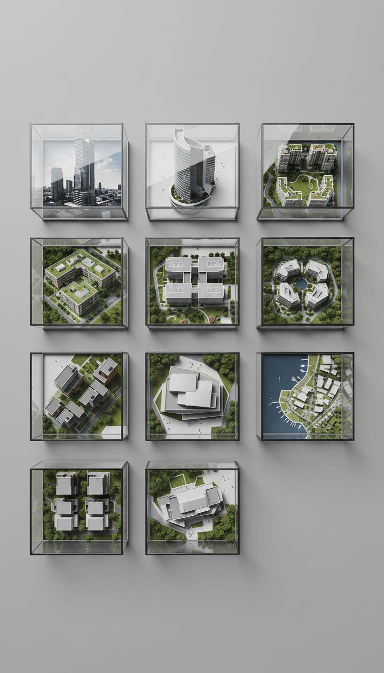 A neatly organized portfolio grid displaying premium real estate developments, each framed within sharp-edged glass-fronted cases over a neutral grey background. The images within the grid showcase diverse architectural styles, from sleek urban towers to low-rise commercial complexes, all rendered with high detail and realistic materials. Overhead studio lighting produces subtle reflections and shadow gradients, enhancing structure without clutter. The composition follows a rule of thirds layout from a direct overhead viewpoint, projecting a sense of corporate precision and meticulous planning. The atmosphere is calm, refined, and thoroughly professional, in alignment with a modern web design site for a high-end construction business.