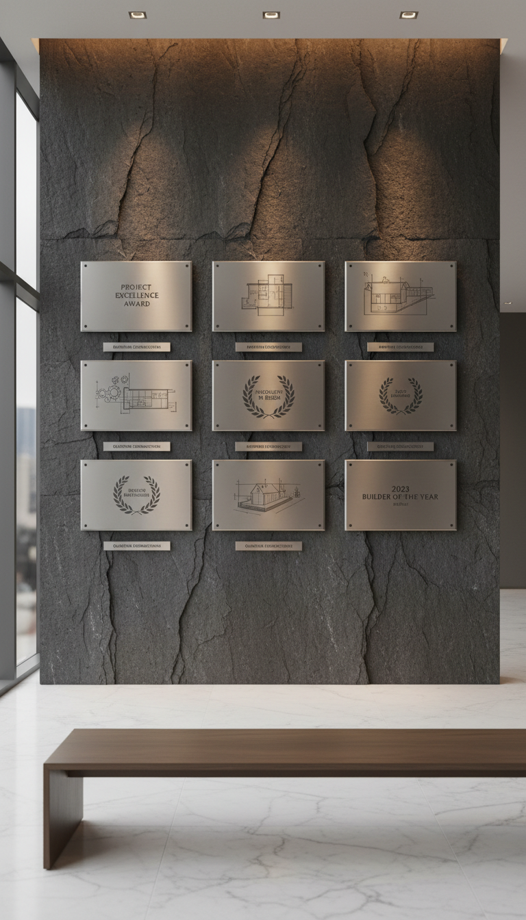 A testimonial wall installation showcasing mounted metallic plaques with subtle engravings of project accolades, elegantly spaced against a textured slate grey wall. The surface of each plaque glimmers softly under directed accent lighting, producing gentle highlights and crisp, defined shadows that enhance the sense of achievement. The immediate setting is a lobby styled with clean architectural details and minimalistic décor, evoking trust and credibility. Captured in a balanced frontal composition with sharp focus, the atmosphere is dignified and polished, perfectly fitting the professional, photographic style and structured layout preferred in corporate web design for construction companies.