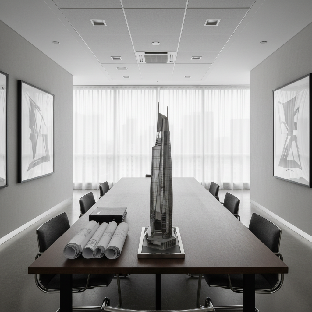 A sleek, minimalist workspace displaying a polished steel and glass architectural model atop a broad oak conference table, accompanied by neatly aligned, monochromatic blueprints and a matte-finish portfolio binder. The environment features a neutral-toned, open-plan office with balanced artificial lighting from recessed ceiling panels, providing even illumination without harsh glare. The mood is orderly and contemporary, capturing the authoritative atmosphere of a high-end construction firm. Framed in an eye-level, wide-angle shot that highlights the symmetry and inviting structure of the workspace, the image embodies a sophisticated, corporate aesthetic ideal for a professional design firm's main website.