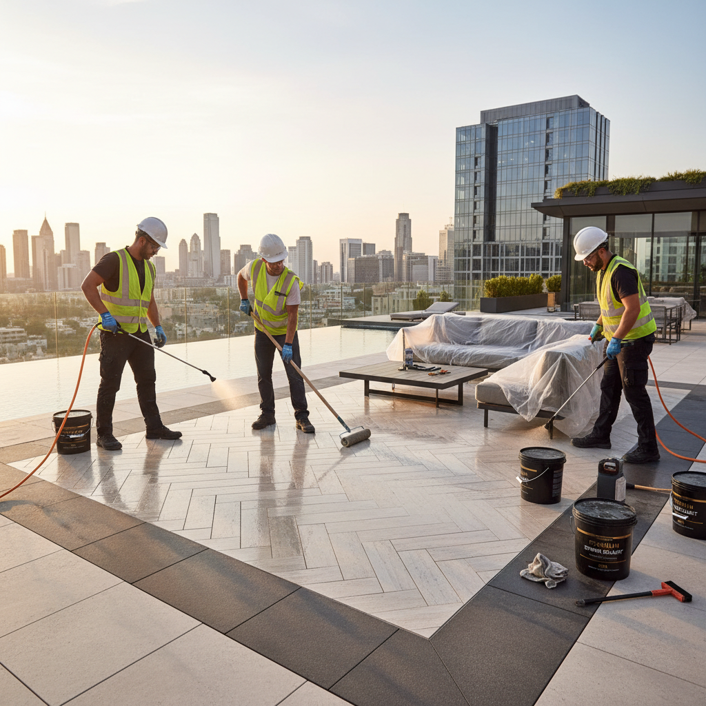 empleados de obra aplicando sellante a una elegante terraza de forma profesional